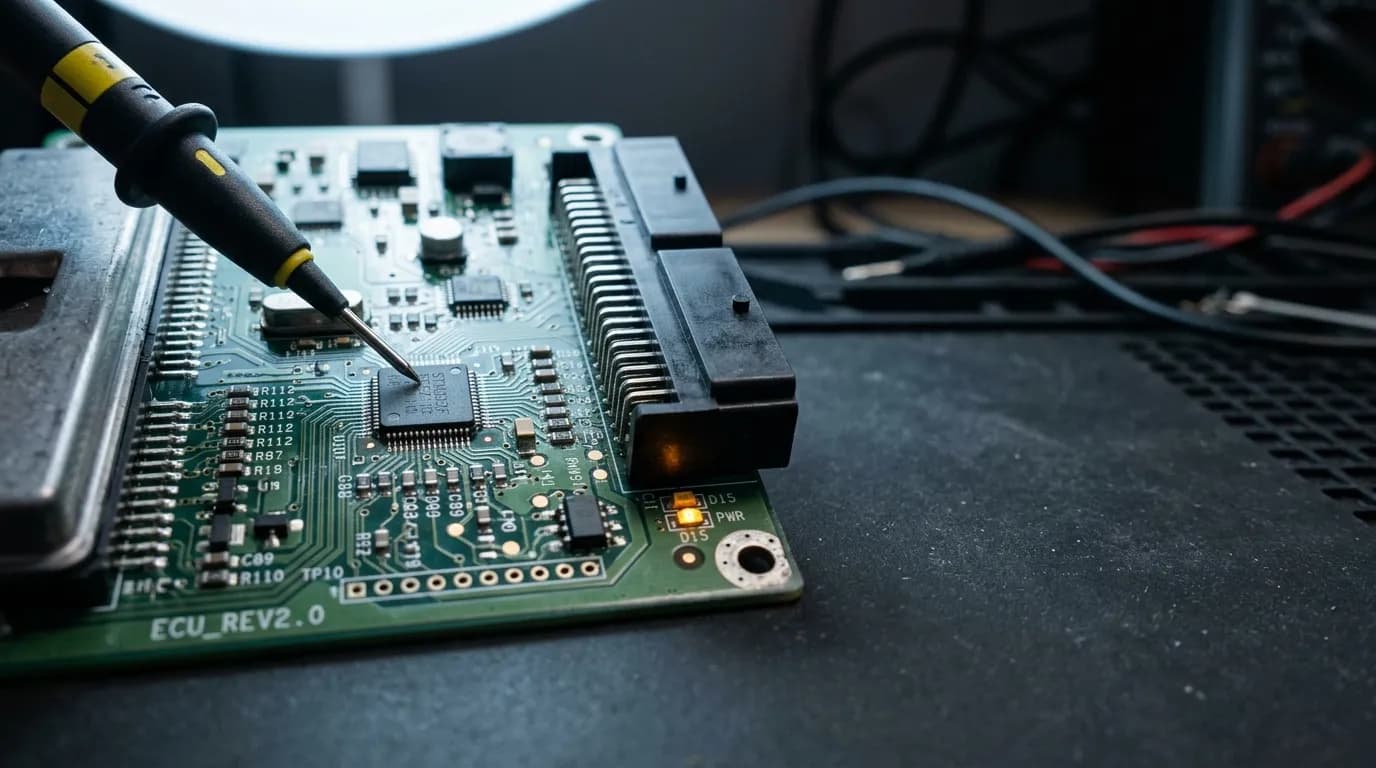 Close view of a vehicle control module circuit board on a workshop bench under cool task light