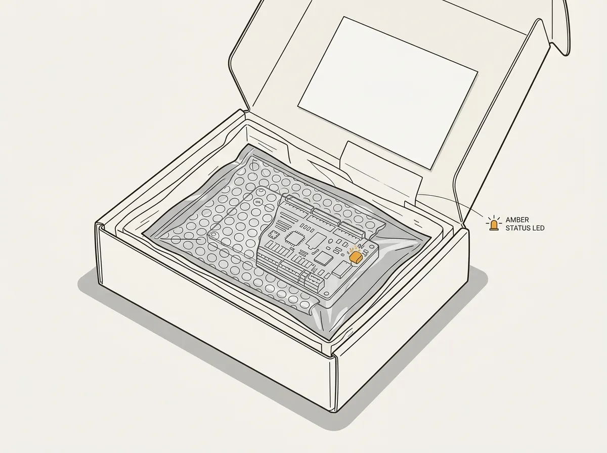 Illustration of a module in an antistatic bag, wrapped in bubble wrap inside a padded rigid box